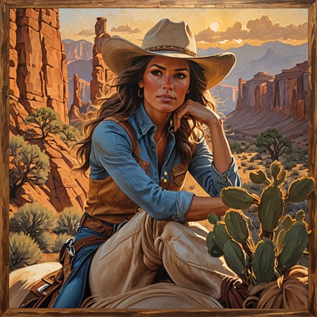 Cowgirl Rides into Sunset: Western Oil Painting