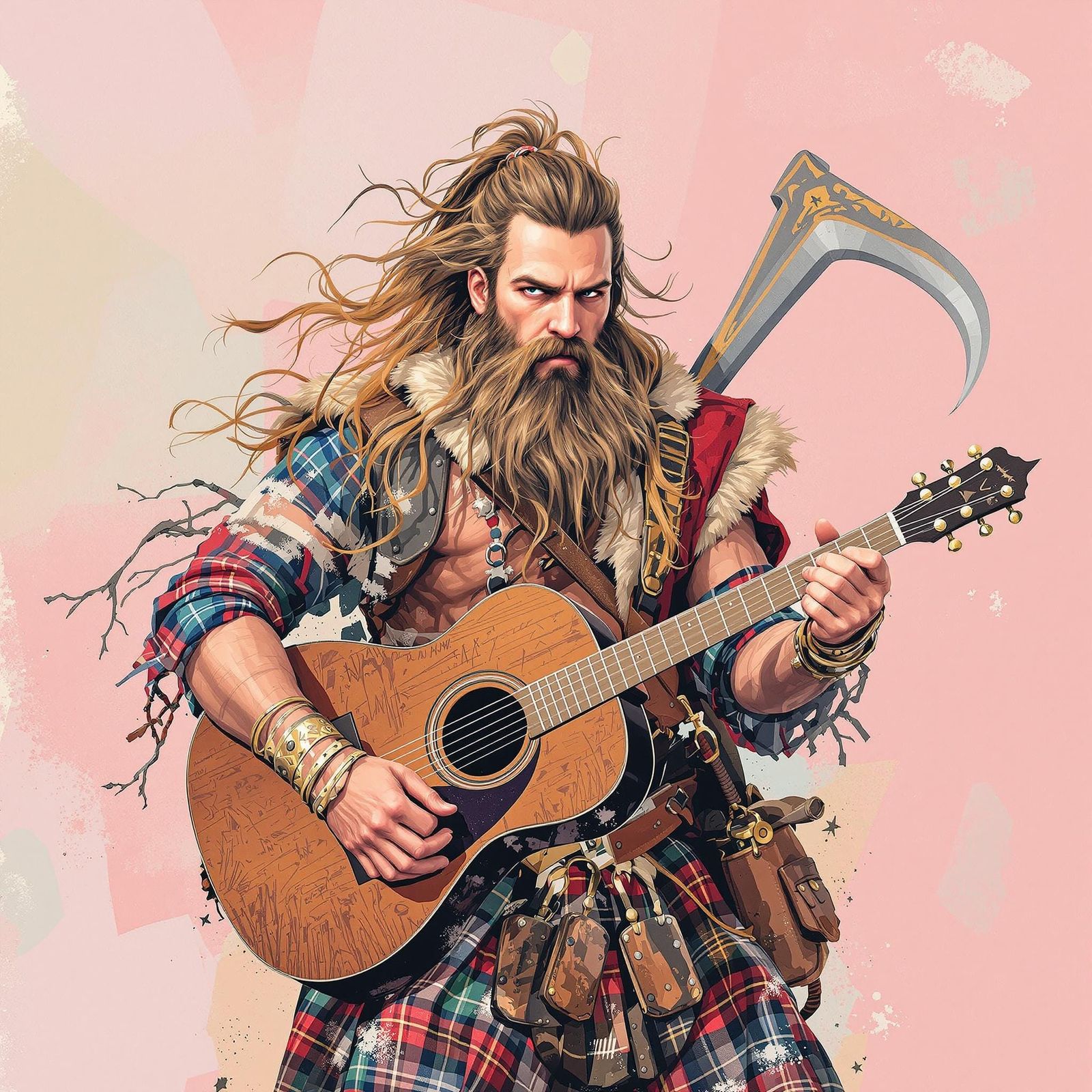 Scottish Warrior in Whimsical Highland Landscape