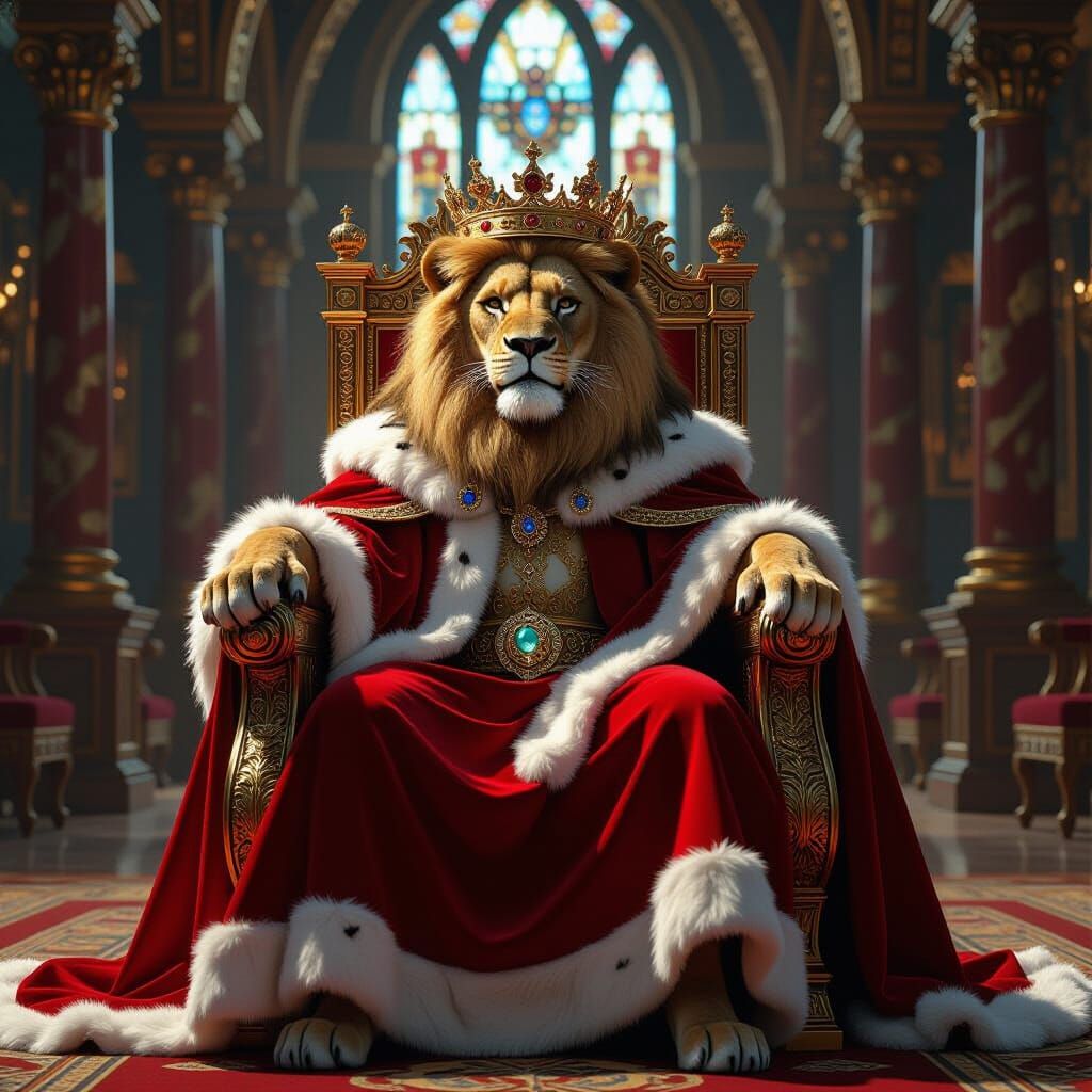 Regal Lion King on Jeweled Throne in Grand Hall