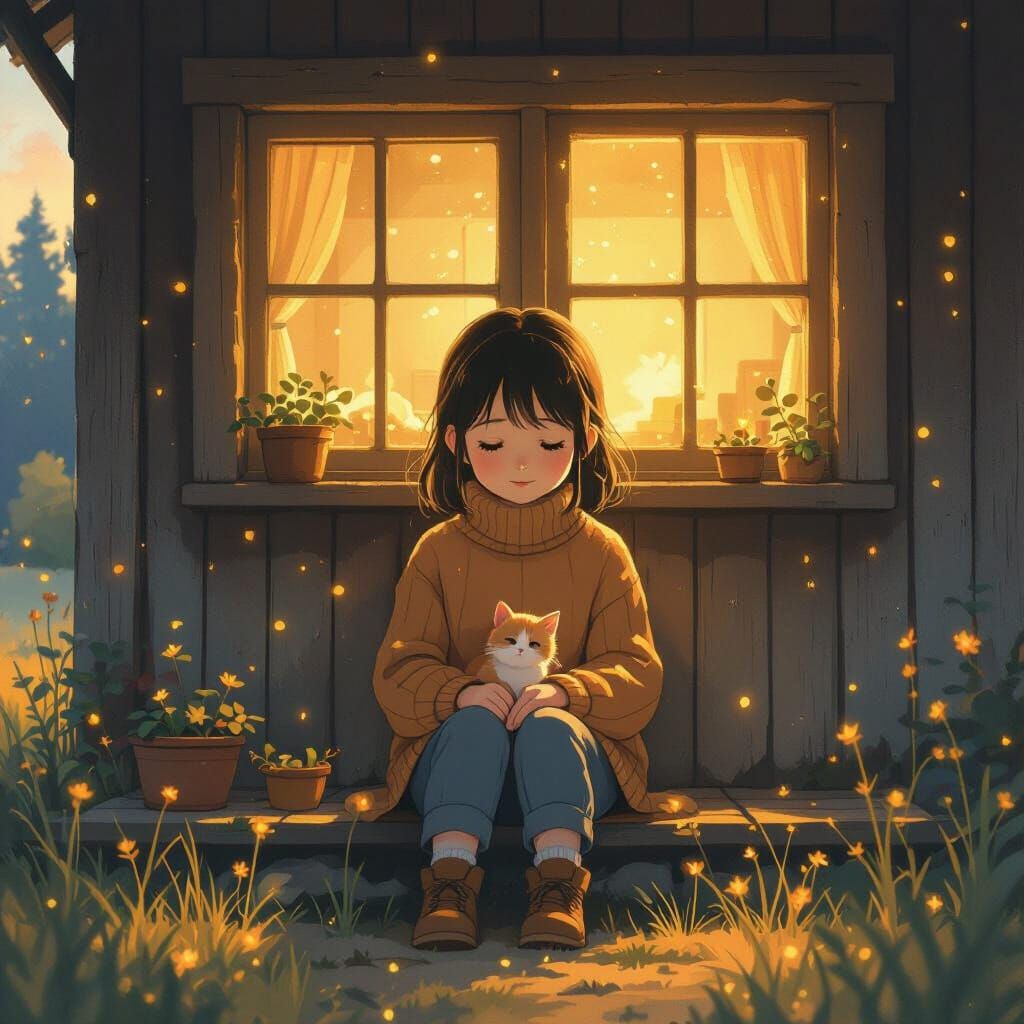 Girl with Kitten in Golden Light: Shinkai Style