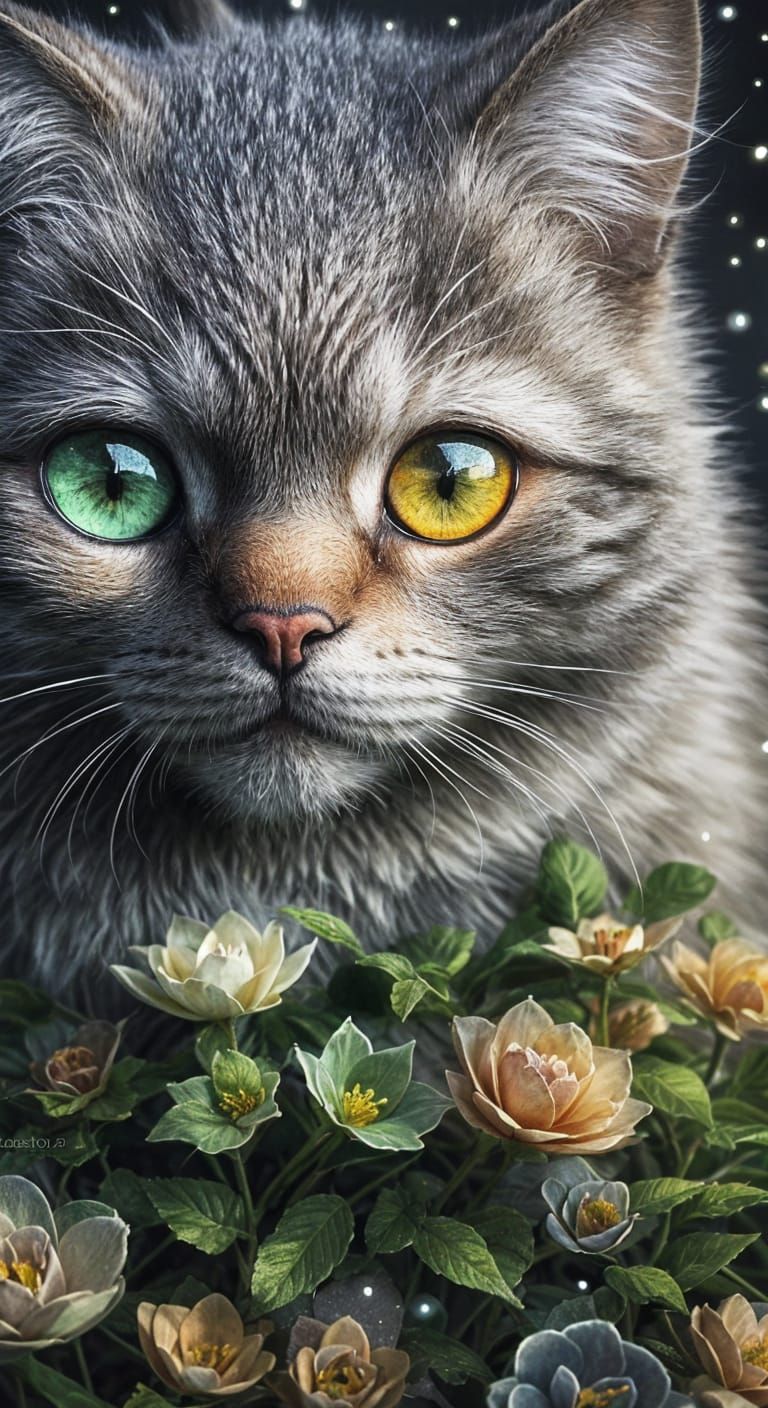 Fluffy Cat with Pearl Eyes in Wildflower Money Field