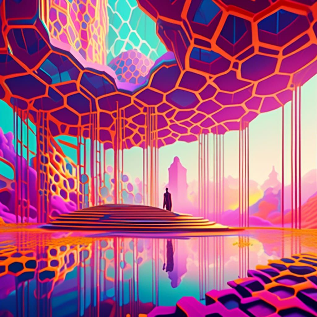 Surreal Architecture with Holographic Elements in Vibrant Co...