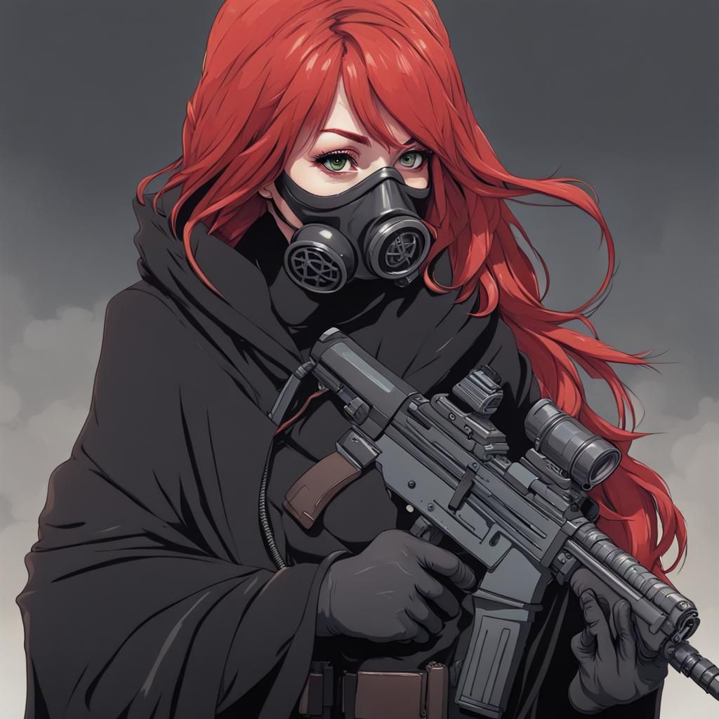 Woman with Red Hair, Mask, and Rifle