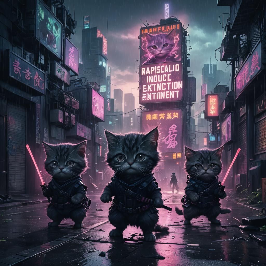 Ninja Kittens in Cyberpunk City, Junji Ito Style