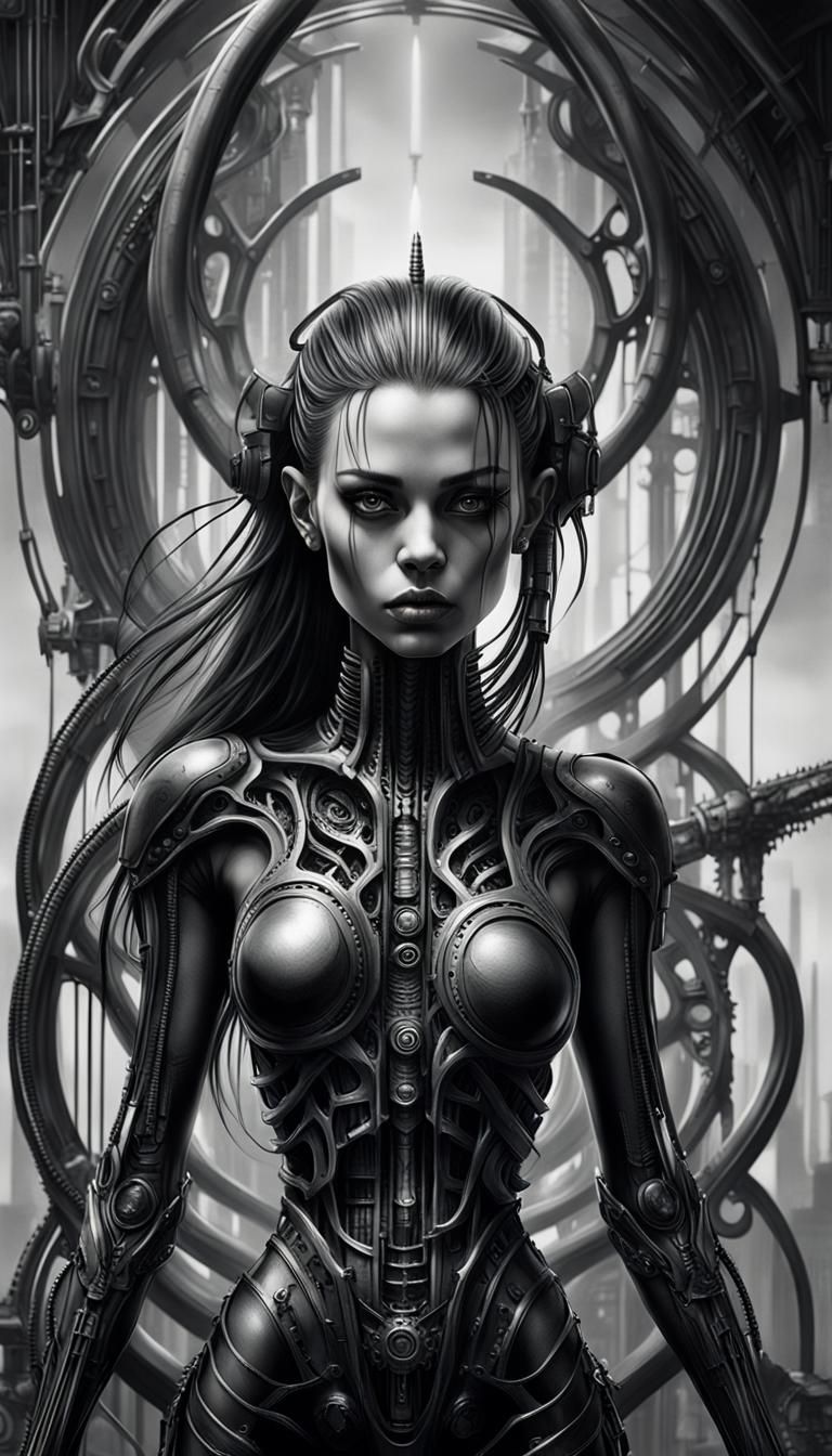 Gothic Cyberpunk Female Figure in Hyperrealistic Style