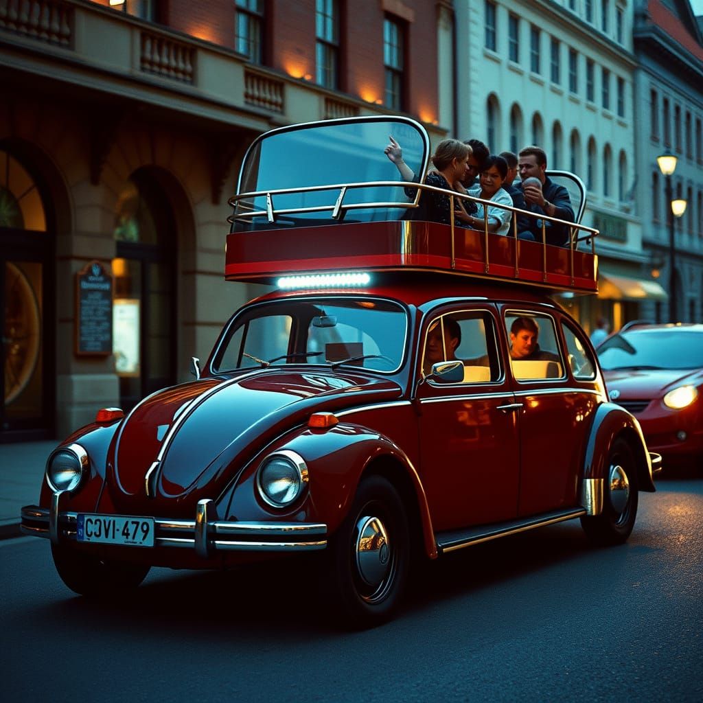 Double-Decker VW Beetle Limo: Cinematic Film Still