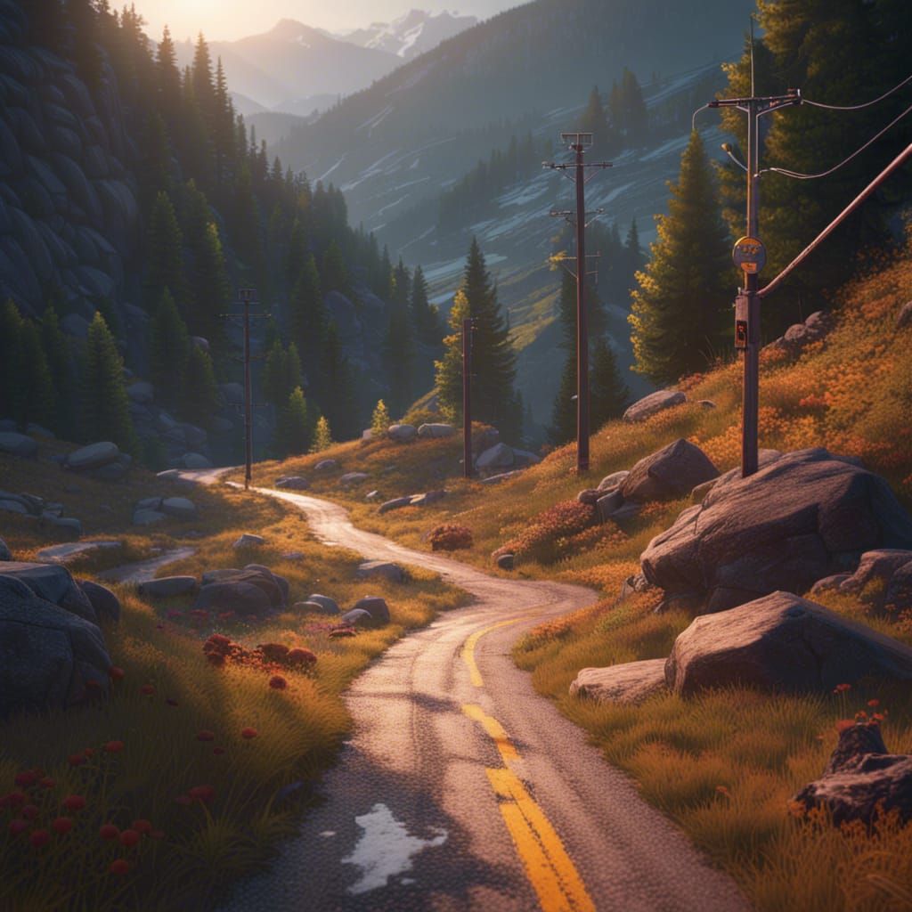 Mountain Road at Sunset: Detailed Concept Art