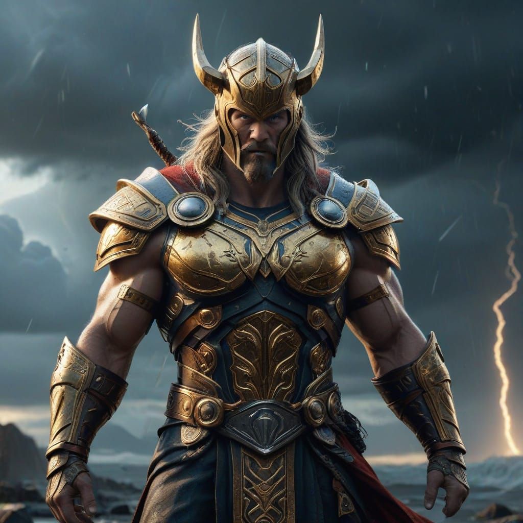 Thor in Golden Armor, Holding Mjölnir, Amidst Asgardian Stor...