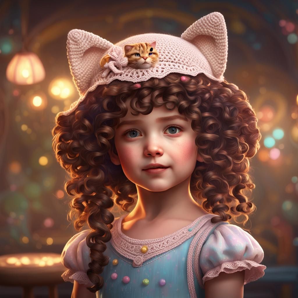 Girl in Cat Hat Crochets: Hyperdetailed Portrait
