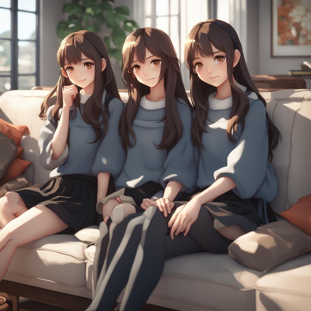 Sisters on Couch: 3D Anime Art Inspired by WLOP