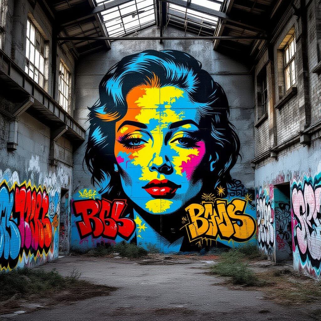 Graffiti Art on Abandoned Brutalist Factory Wall