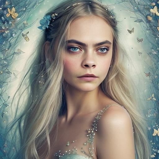Ethereal Portrait with Gold Florals as Airbrush Painting