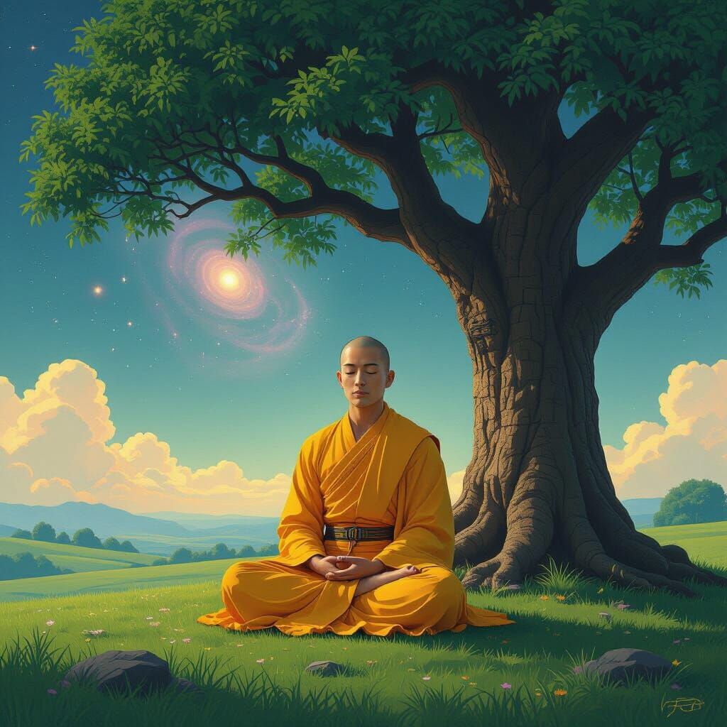 Serene Buddhist Monk Under Bodhi Tree, Sci-Fi Style