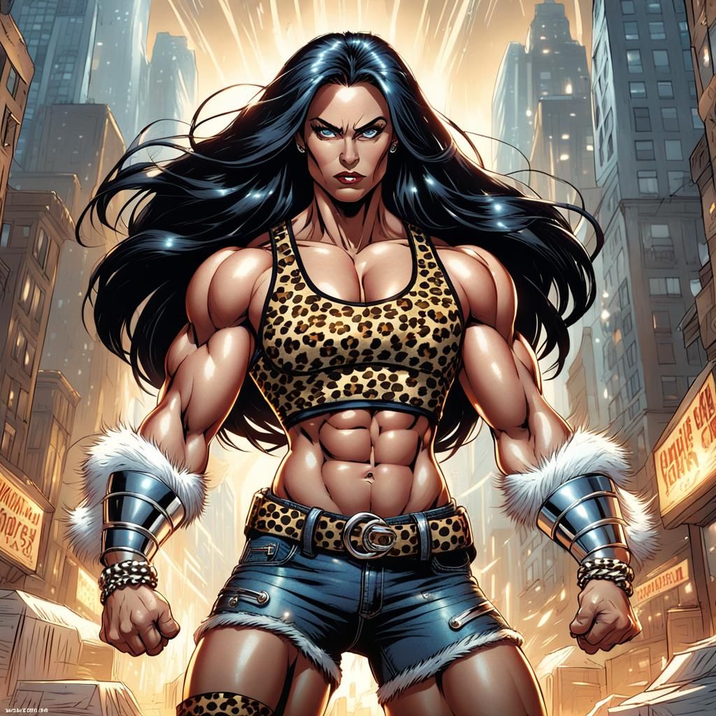Extremely Muscular Woman Flexing in Comic Book Art