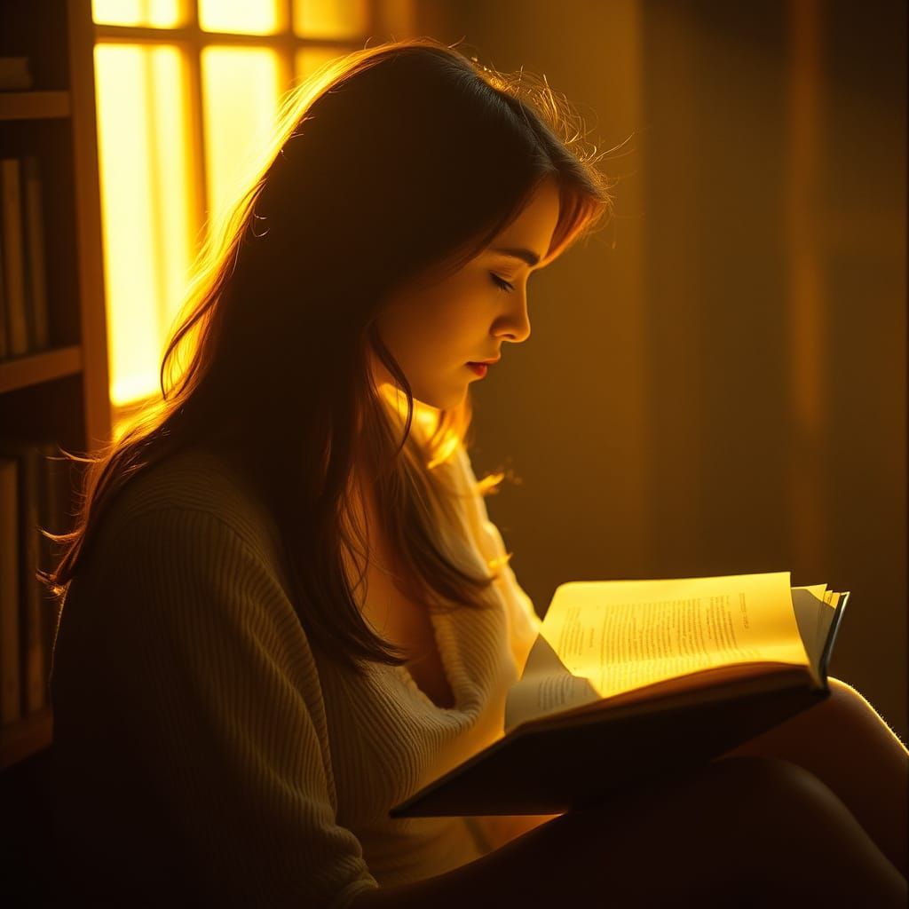 Surreal Woman Lost in Book, Captured in Cinematic Film Still