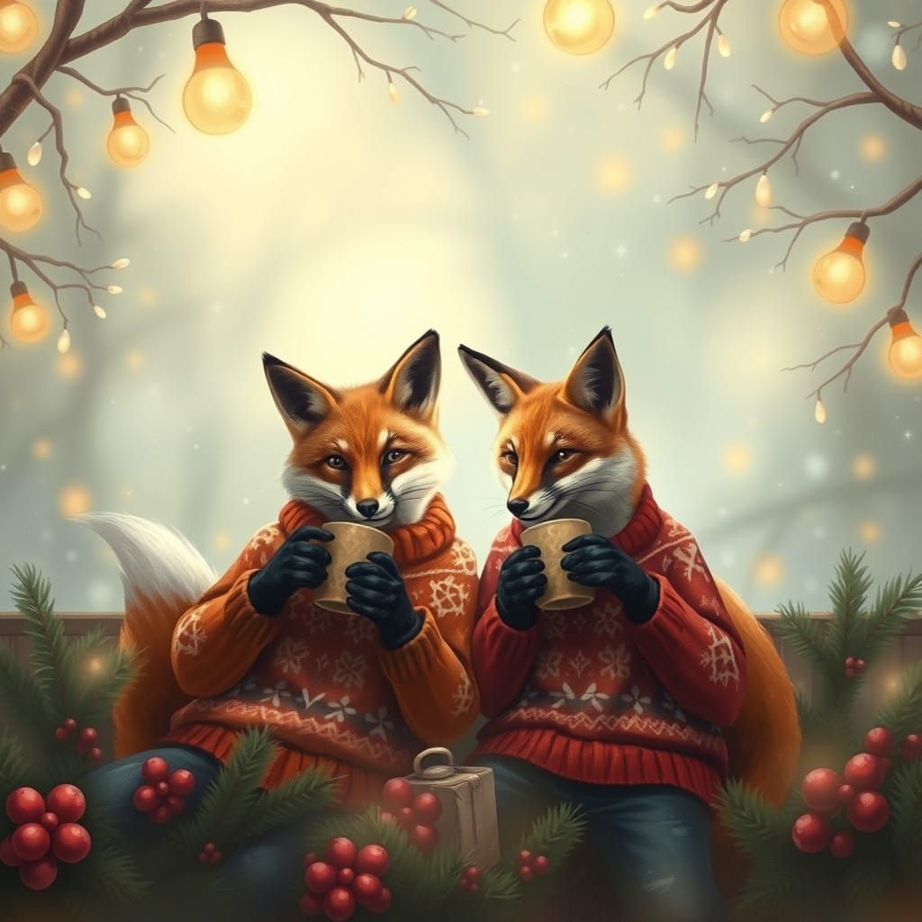 Whimsical Foxes in Christmas Sweaters Amidst Winter Wonderla...