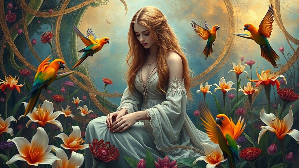 Serene Woman in Lush Fritillaria Imperialis Garden with Irid...