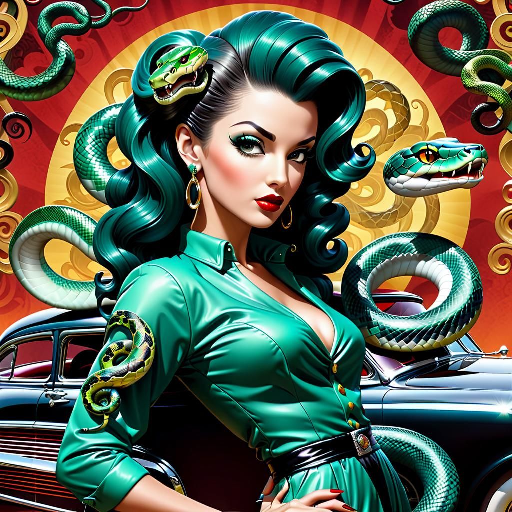 Rockabilly Medusa Pinup with Hot Rod, Alcohol Ink Art