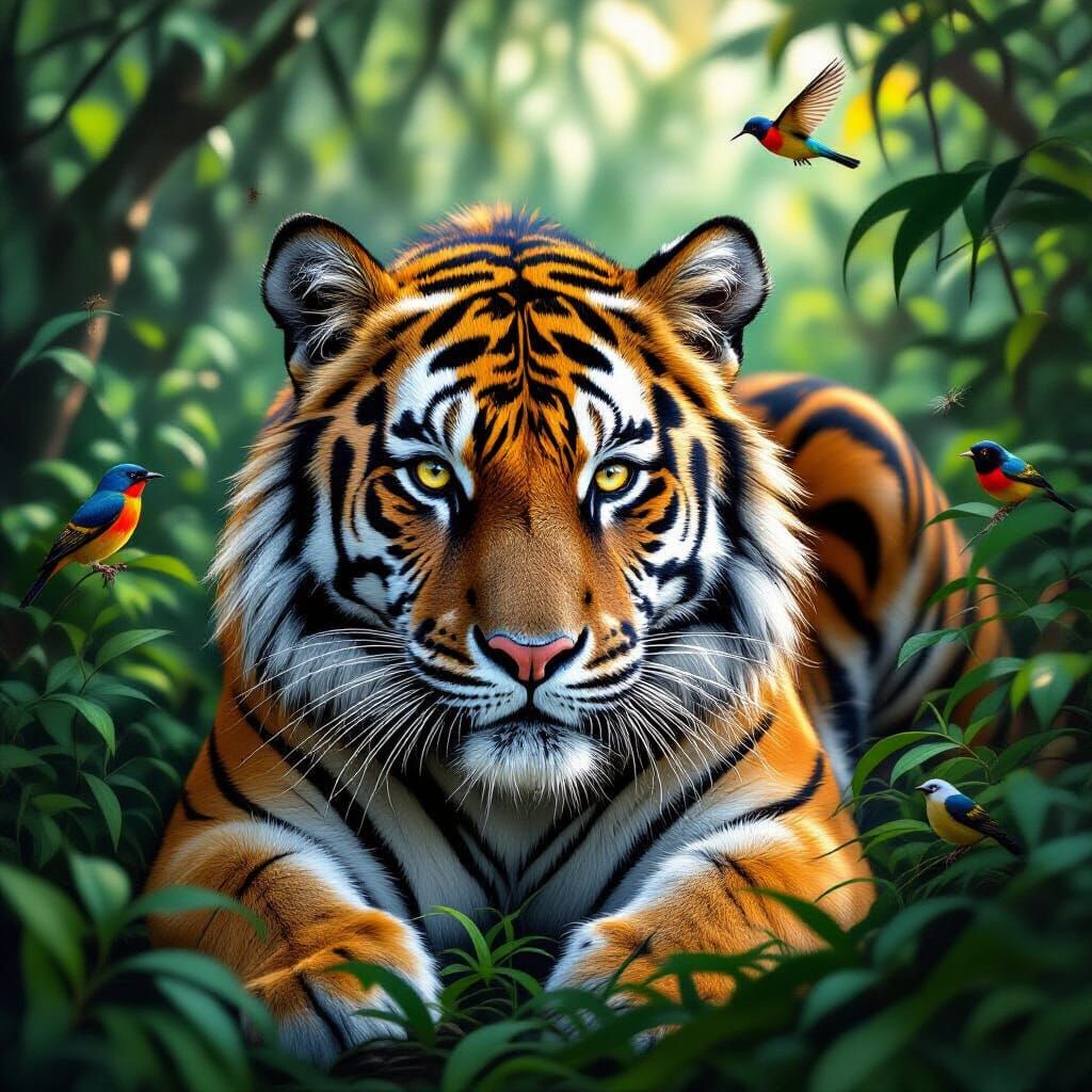 Bengal Tiger Prowling Through Jungle, Hyperrealistic Style