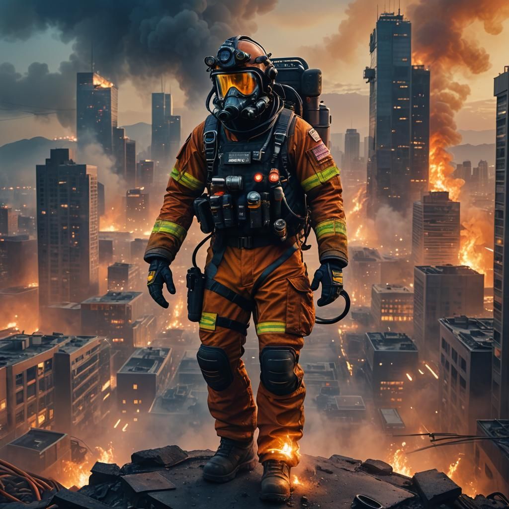 Heroic Firefighter in Burning City: Sci-Fi Concept Art