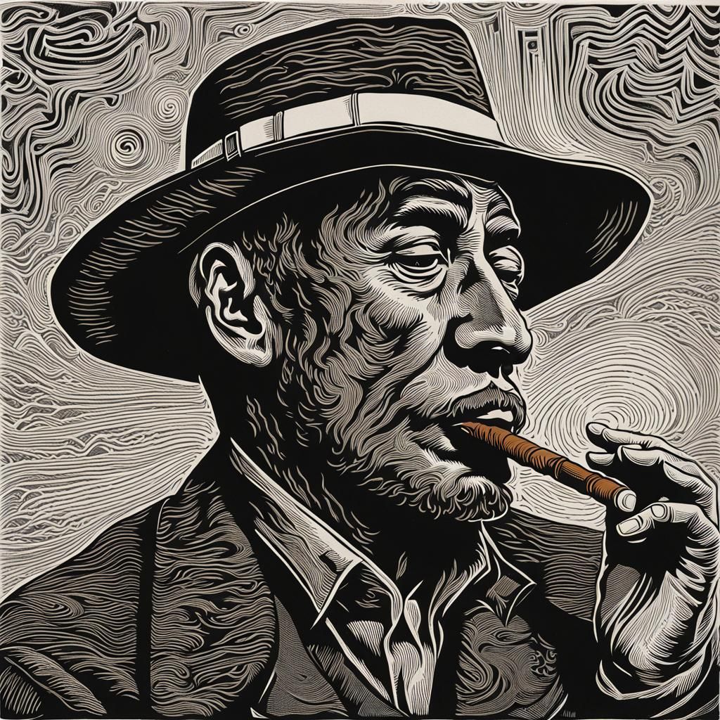 portrait of man smoking a cigar, linocut lines, intricate, detailed, woodcut