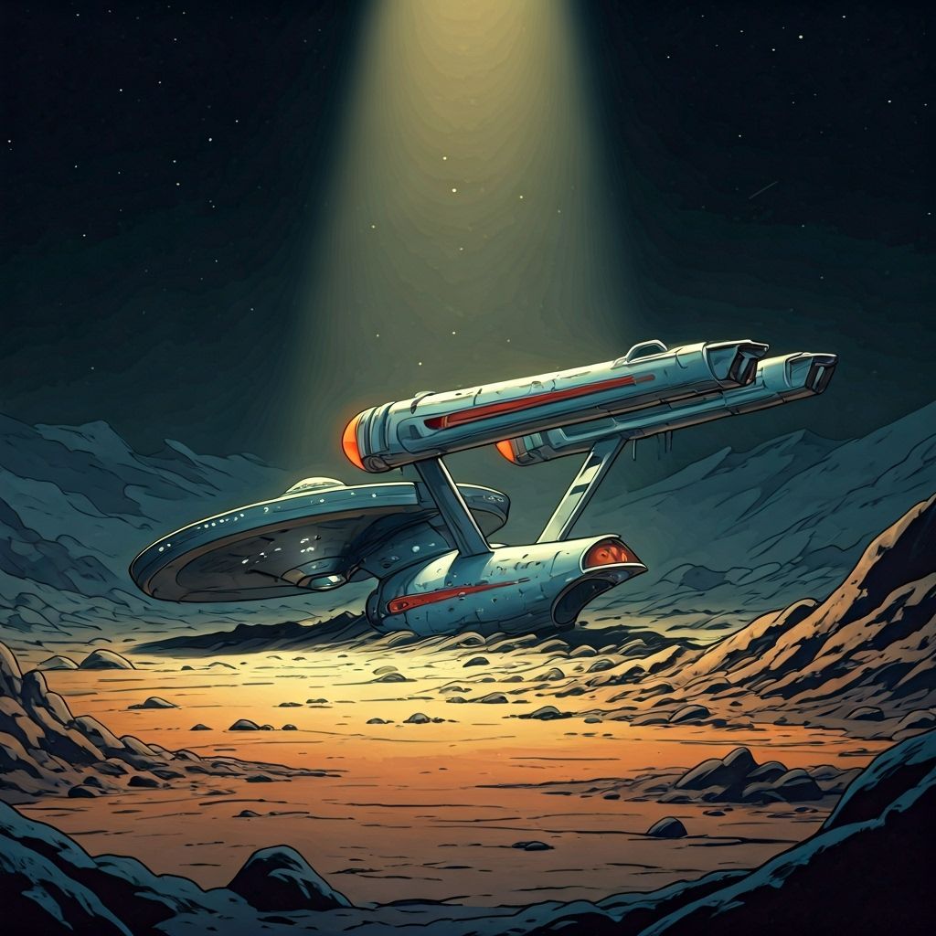 Battered Starship Enterprise on Barren Planet