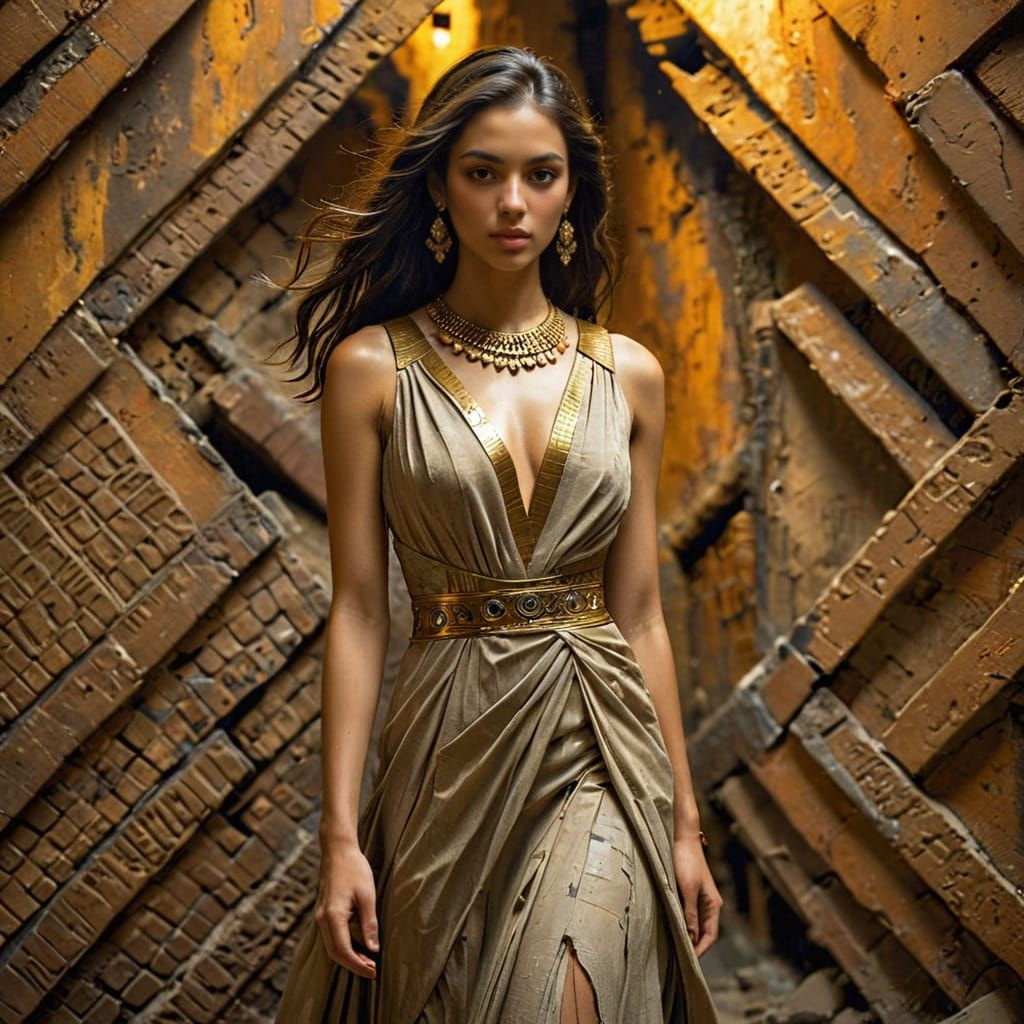 Elegant Egyptian Girl in Old Alleyway, Abstract Textures