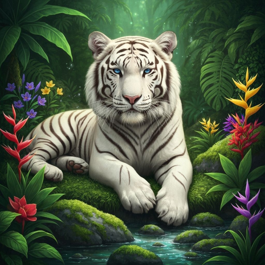 White Tiger in Emerald Jungle, Hyperrealistic Textures
