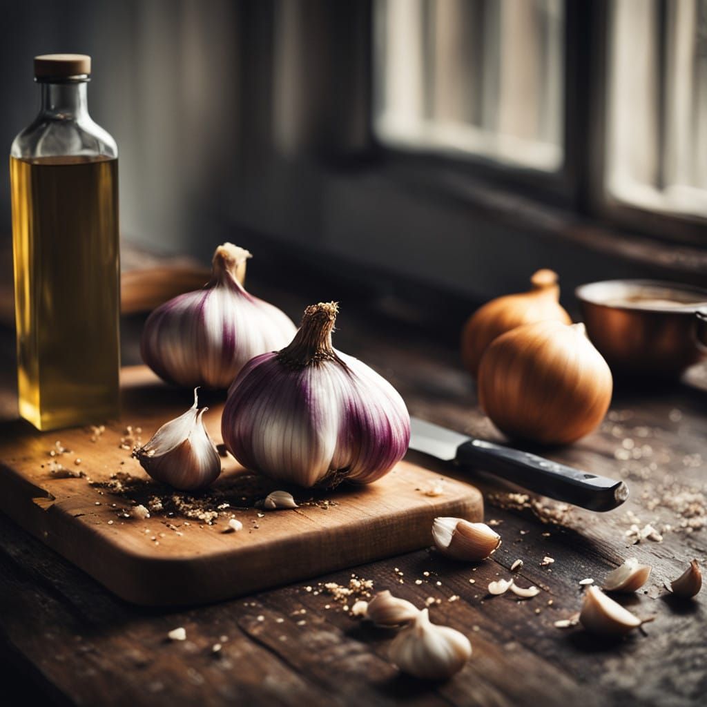 Vicious Garlic Character in Dark Kitchen Scene