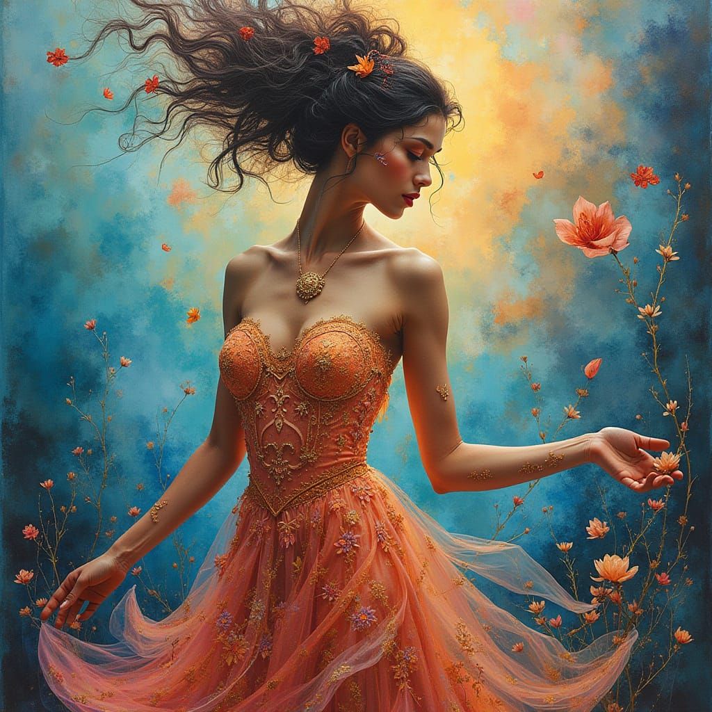 Surreal Goddess in Floral Gown with Tribal Patterns and Abst...