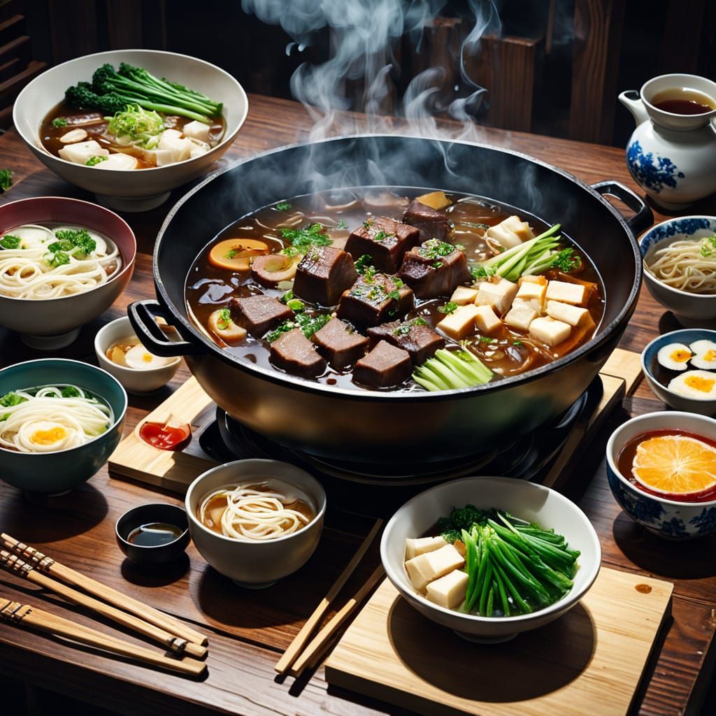 Steaming Sukiyaki Hot Pot in Cozy Japanese Setting
