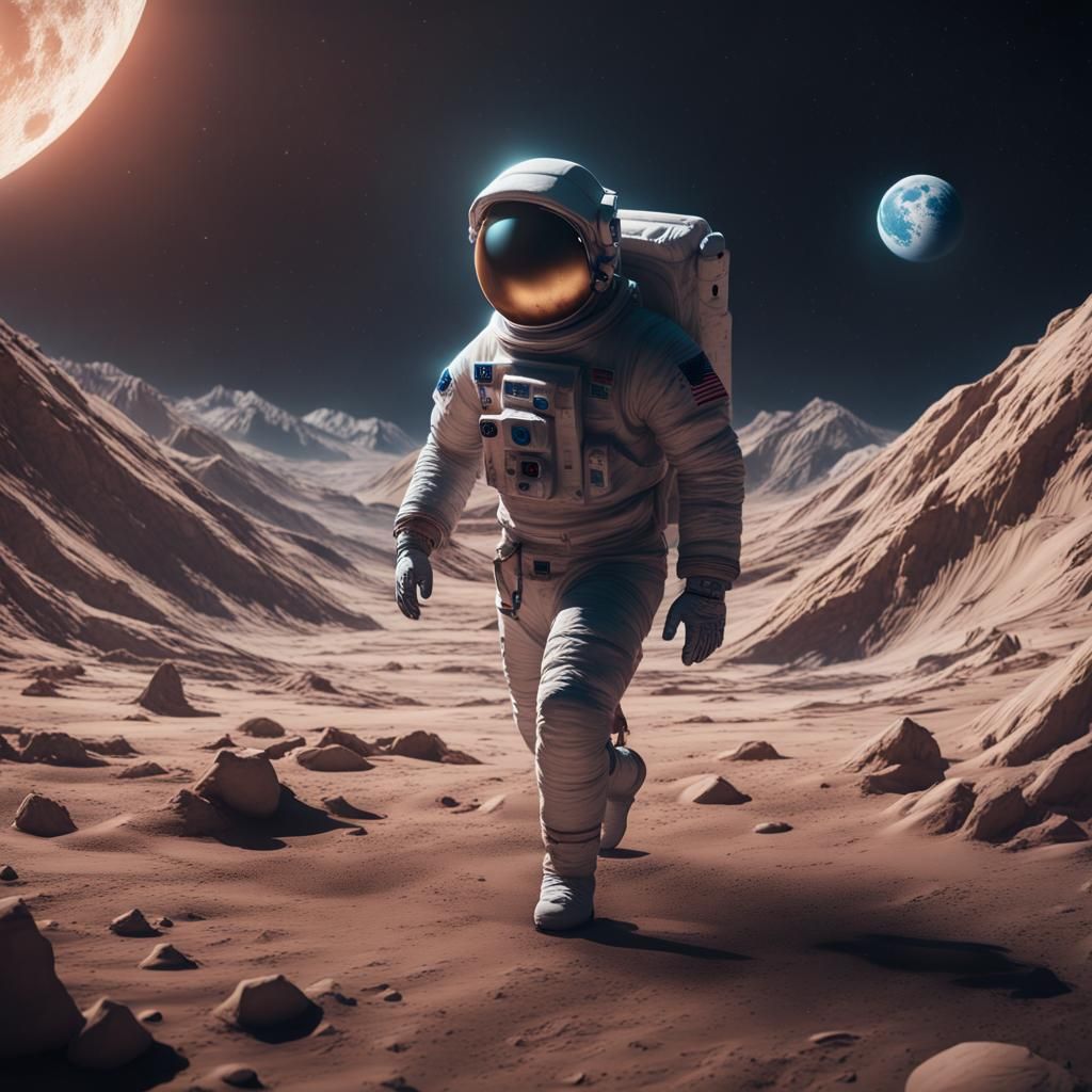 Astronaut Floats in Lunar Landscape: Detailed Matte Painting