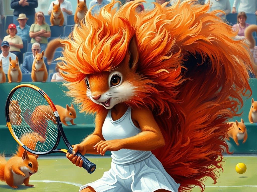 Squirrel Tennis Star with Red Hair, Expressionist Oil Painti...