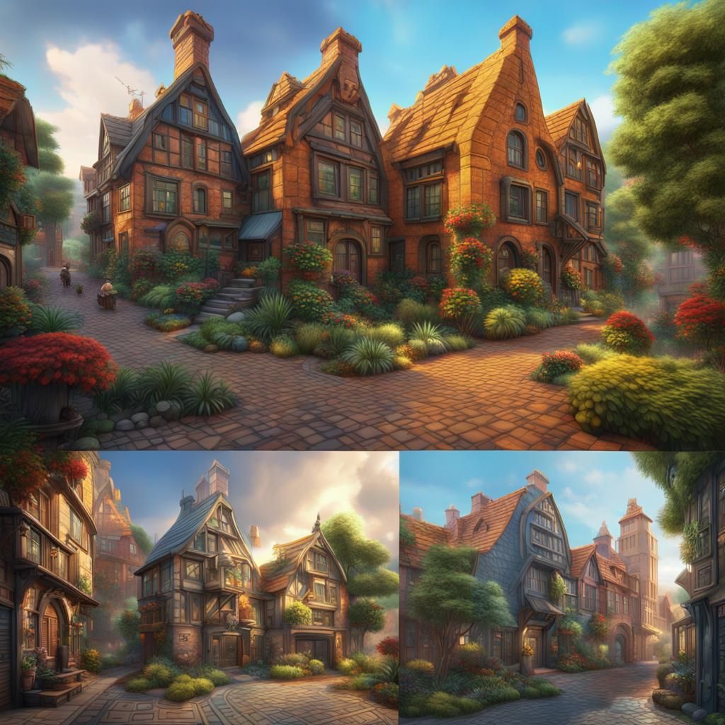 Colorful Buildings with Brick Roads: Fantasy Concept Art