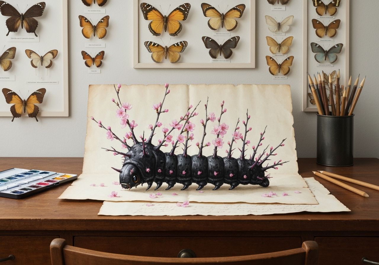 Fantasy Coal Caterpillar with Cherry Blossoms in Watercolour