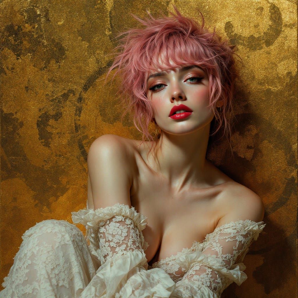 Elegant Rebel with Vibrant Pink Hair in Golden Hues