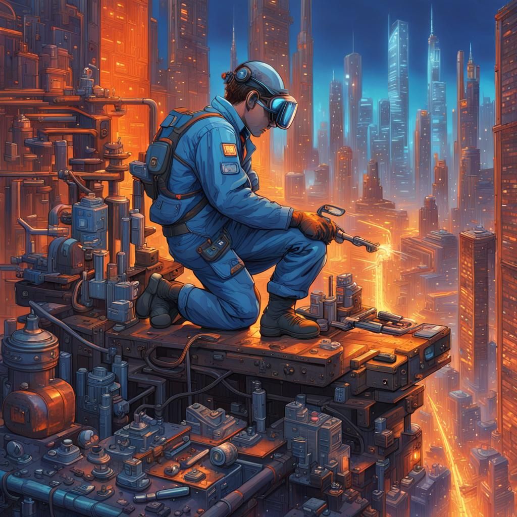 Cyberpunk Plumber Amidst Neon Metropolis