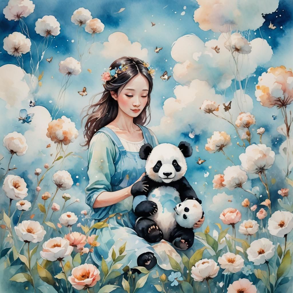 Dreamy Watercolor: Child and Panda in Sky