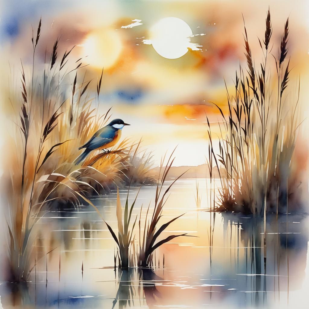 Bird in Reeds: Ethereal Watercolor Painting