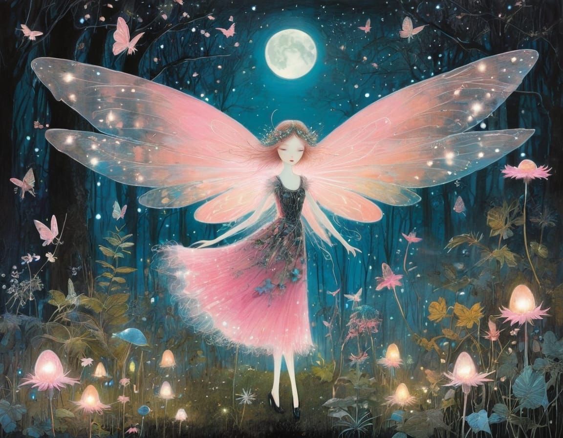 Neon Pale Pink Fairies in Magical Night Garden