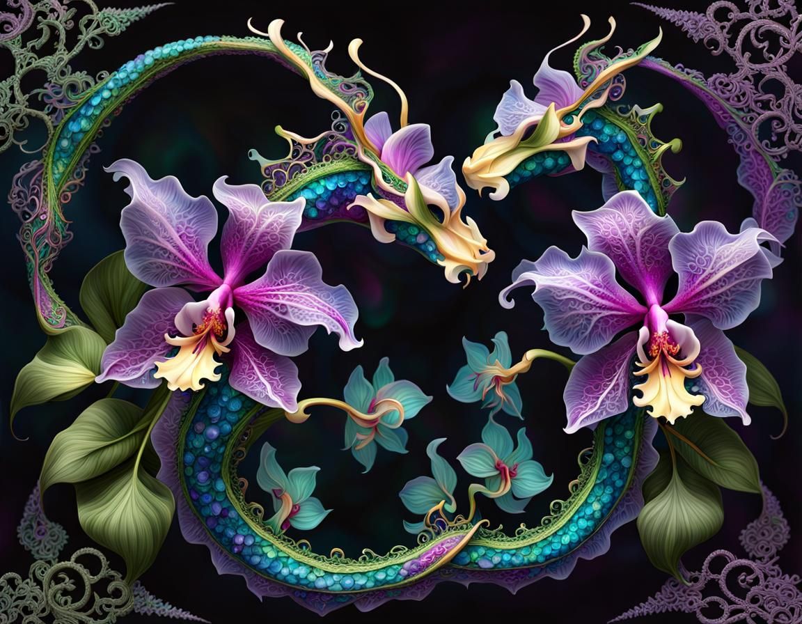 Orchid Dragons Kissing in a Bioluminescent Garden