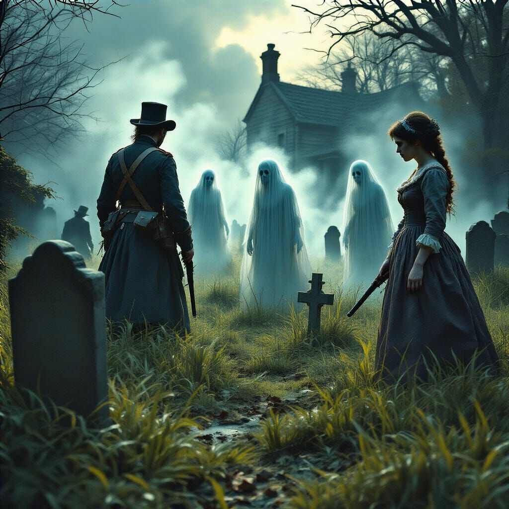 Ghostly Apparitions in Abandoned Graveyard: Hyperrealistic S...