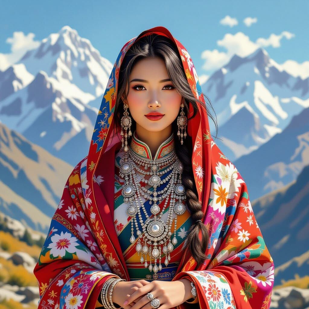Tibetan Woman in Traditional Dress, Himalayan Landscape