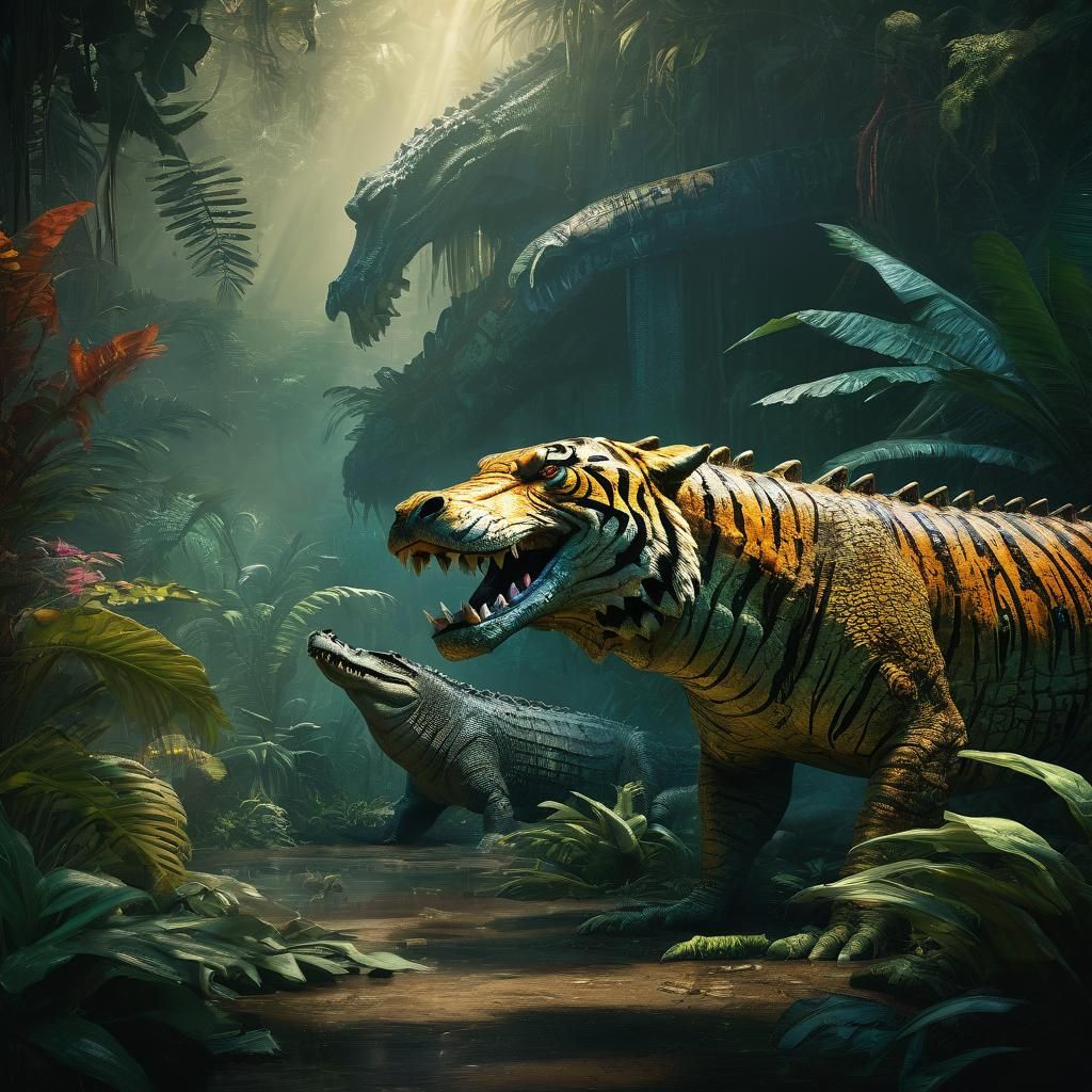 Crocodile and Tiger in Jungle Concept Art