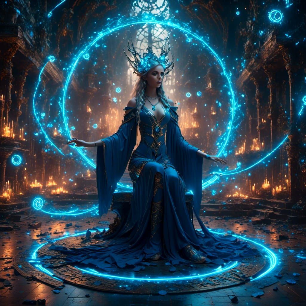 Beautiful Sorceress Casting Blue Spells in Fairycore Style