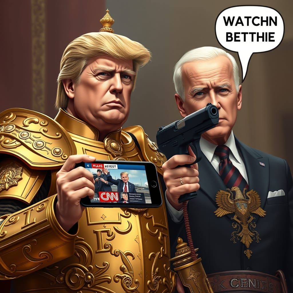 Trump in Golden Armor Watching CNN, Biden with Gun