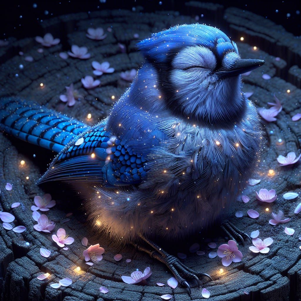 Hyper-Realistic Blue Jay in Tranquil Night Scene