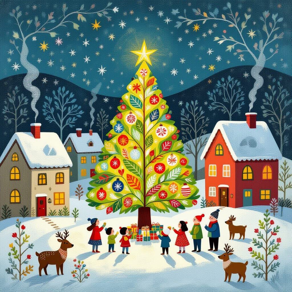 Folk-Surreal Christmas Village Gathering