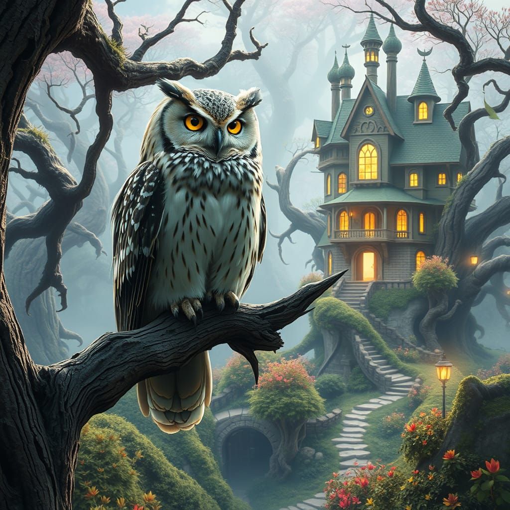 Majestic Owl in Whimsical Wonder Forest, with Magical House