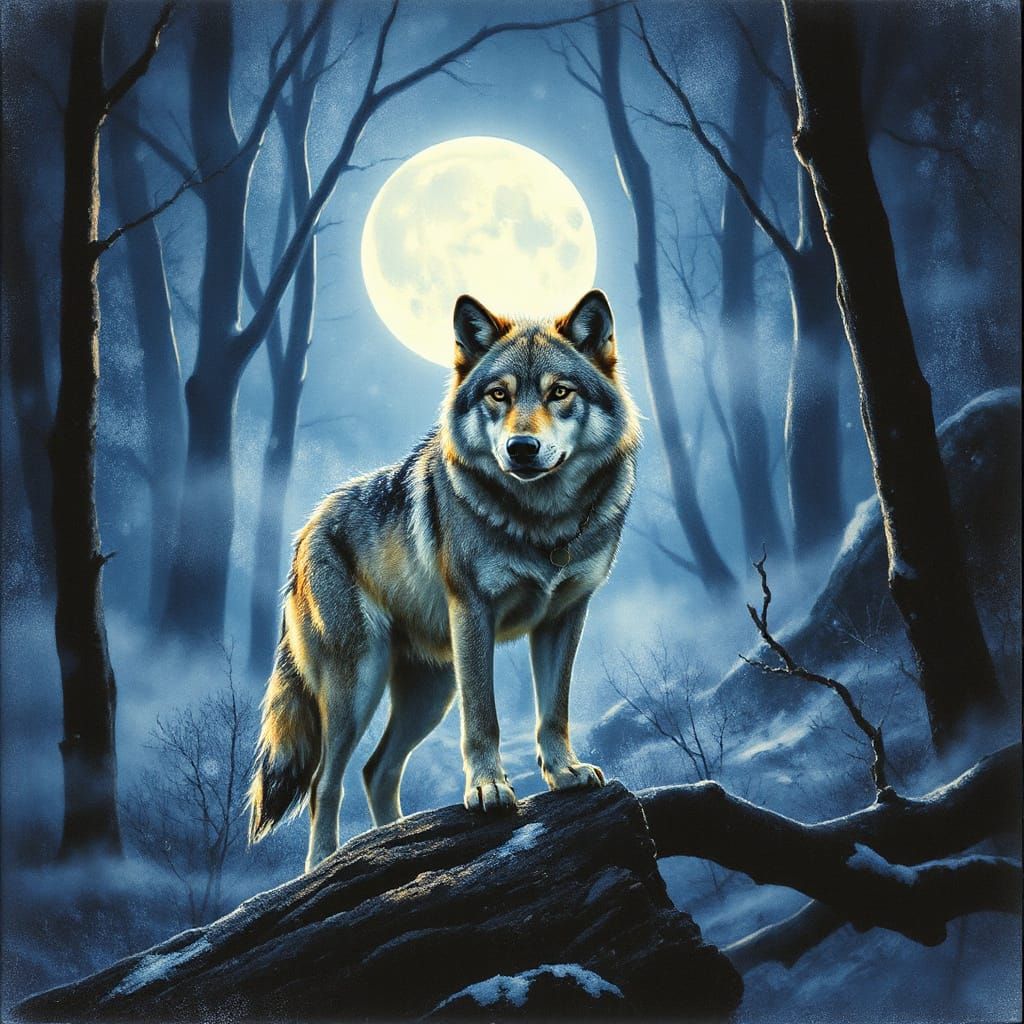 Wolf in Mystical Forest: Fractal Watercolour Art